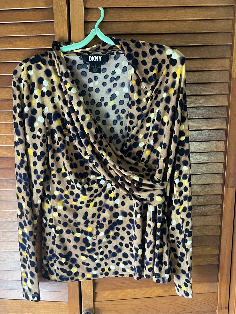 DKNY Brown Animal Print Wrap Blouse with Black and Yellow Spots Size XL